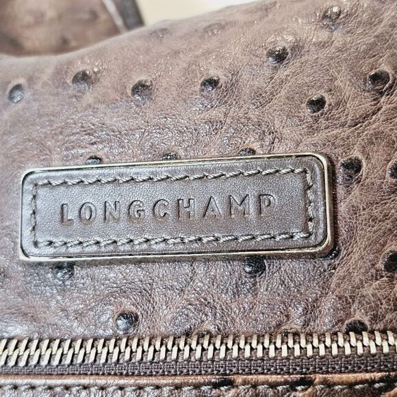 Longchamp Legende Hobo Brown Ostrich Embossed Bag Top Handle Carry Handbag - Picture 4 of 16